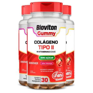 Imagem de Kit 3 Gummy Colágeno Tipo Ii Morango Unilife 30 Gomas