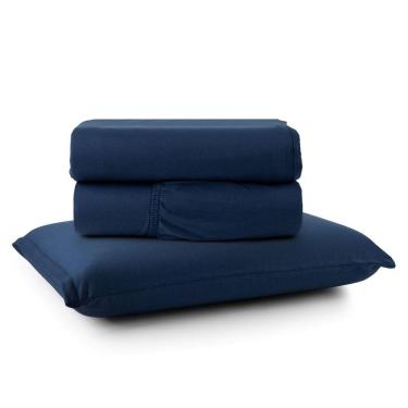 Imagem de Jogo De Lençol Minimal Solteiro 3 Peças Malha 100% Algodão Liso Azul Marinho