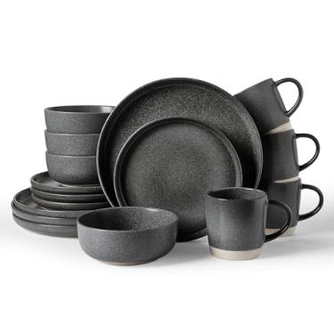 Imagem de Famiware Conjuntos de louça de grés Milkyway com canecas, serviço para 4 (16 peças), conjuntos de pratos e tigelas de esmalte reativo, conjunto de pratos para micro-ondas e lava-louças, carvão escuro