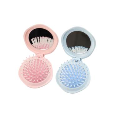 Imagem de 2 peças de mini escova de cabelo dobrável com espelho para mulheres, pente de almofada de ar portátil 2 em 1, escovas de massagem fofas para viagens (rosa + azul)