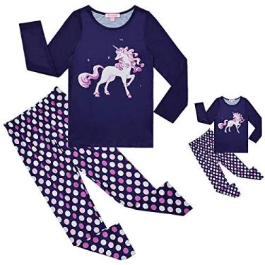 Imagem de QPANCY Pijama de unicórnio combinando bonecas e meninas, Unicorn Dots, 6-7 Years