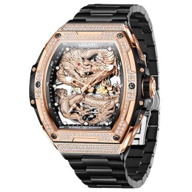 Imagem de OLEVS Relógios de pulso masculinos automáticos mecânicos turbilhões de aço inoxidável à prova d'água luminosos de luxo, 6021: pulseira preta e mostrador preto em ouro rosa