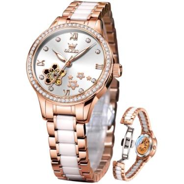 Imagem de OLEVS Relógios femininos automáticos luxuosos, relógio feminino, pulseira de cerâmica, ouro rosa, corda automática, relógio de pulso feminino, relógio ouro rosa branco, relógio feminino