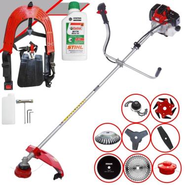 Imagem de Roçadeira Toyama RT43L 43cc Com Carretel + Facas 2 Pontas, 3 Pontas, 6 Pontas, 40 Dentes de Vídea, 80 Dentes, Trimmer, Escova de Aço + ÓLEO STIHL 2T