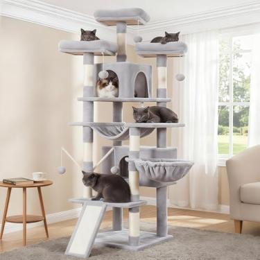 Imagem de Árvore para gatos Hey-brother, grande torre para gatos de 180 cm GG para gatos internos, casa de gatos de vários níveis com 3 poleiros acolchoados, arranhador grande, cesta aconchegante, 2 condomínios