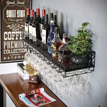 Imagem de Prateleiras de vinho montadas na parede/prateleira de armazenamento de taças de vinho tinto/prateleira de decoração industrial de metal preto/organizador de armário de prateleira de vinho/para bares