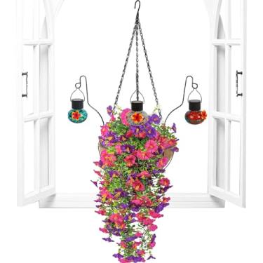 Imagem de Flores falsas por fora | Flores falsas realistas com alimentador de pássaros, plantas artificiais para quintal, pássaros, primavera, outono, porta da frente, deck de parede, varanda, gazebo