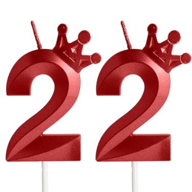 Imagem de Velas de aniversário vermelhas com coroa 3D, número 22, topo de bolo de feliz aniversário de 22 anos, 22 velas para decoração de festa de aniversário de meninos e meninas, decoração de casamento