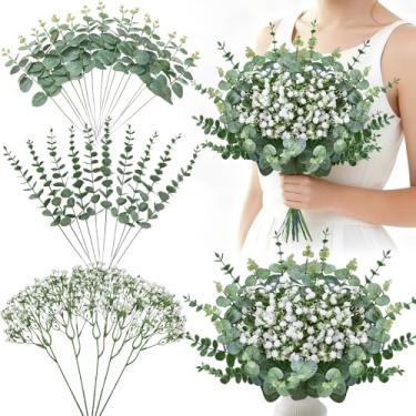 Imagem de Serwalin 30 peças, 3 tipos de hastes mistas de eucalipto, flores artificiais de hálito de bebê a granel com folhas de vegetação sintética para buquês faça-você-mesmo, arranjos florais de casamento