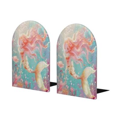 Imagem de Sereia oceano bonito grande suporte de livros de madeira decorativo antiderrapante resistente terminais de livros para escritório mesa de escritório casa biblioteca escola estudo decoração divisórias