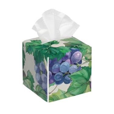 Imagem de Suporte quadrado de couro para caixa de lenços de papel impermeável uvas retrô frutas facial organizador de papel com cinto inferior cubo estojo de lenços para mesa, banheiro, escritório, mesa, carro