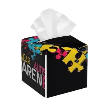 Imagem de Porta-lenços de couro quadrado à prova d'água Love Art Autismo, organizador de papel facial com cinto inferior, estojo de lenços para mesa, banheiro, escritório, mesa, carro, decorativo