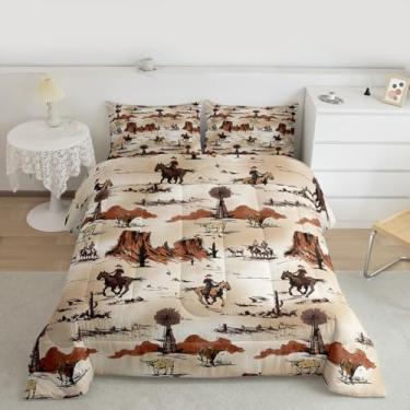 Imagem de jejeloiu Conjunto de edredom infantil ocidental, Queen, cacto, boêmio, suculenta, para quarto de crianças, meninos, meninas, decoração de cavalo de vaca e cavalo do sudoeste, microfibra ultramacia e