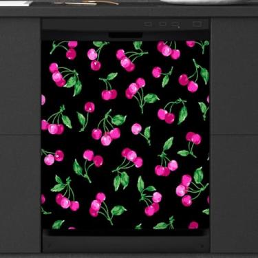 Imagem de Capa magnética para lava-louças, estampa de cereja de frutas, capas de decoração magnéticas vintage para lava-louças, capa magnética para porta de lava-louças, decalque para cozinha, eletrodomésticos