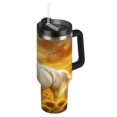 Imagem de SEHANY Copo Majestic Horse de 850 g com tampa e canudo, aço inoxidável de vácuo duplo isolado garrafa de água esportiva suporte de copo de café de viagem à prova de vazamento para bebida gelada