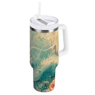 Imagem de xigua Copo vintage com estampa de dragão 1,134 g com tampa e canudo, aço inoxidável de vácuo duplo isolado garrafa de água esportiva suporte para copo de café de viagem à prova de vazamento para