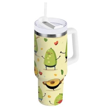 Imagem de Blueangle Copo isolado de 1,134 g com alça e tampa de canudo - Caneca de viagem de aço inoxidável à prova de vazamento, garrafa de água de abacate fofa a vácuo de parede dupla (788)