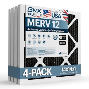 Imagem de BNX Filtro de ar TruFilter para forno CA 14 x 14 x 1 MERV 12 (pacote com 4) com carvão ativado – Feito nos EUA – Filtros plissados de ar condicionado HVAC AC – Remove odor, mofo, bactérias, fumaça