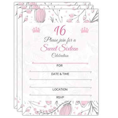 Imagem de Convites de festa Sweet 16 (Sixteen) com envelopes | Convites de preenchimento em branco | 5 x 7 | Lembrança de festa de aniversário de 16 anos | Doce 15 | Conjunto de 25