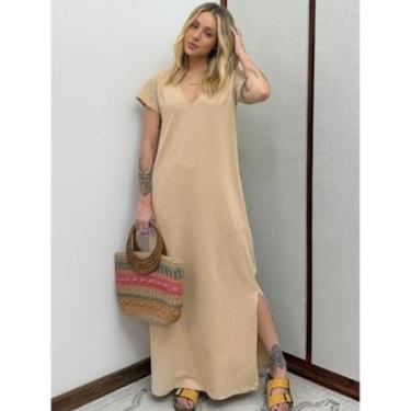 Imagem de Vestido Longo de Algodão com Bolso Decote V Areia-Feminino