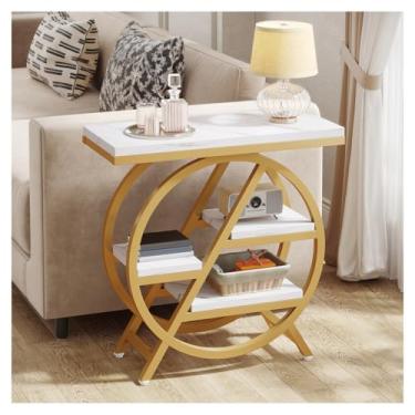 Imagem de SPXMQSS Mesa lateral de madeira estreita de 3 camadas, mesa lateral de cama para mesa de cabeceira de quarto com prateleiras de armazenamento e moldura de metal para sala de estar, quarto, escritório