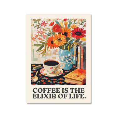 Imagem de Coffee First People Later Poster Retro Coffee Wall Art Trendy Flower Print Minimalista Vintage Floral Para Sala de Jantar Cozinha Decoração de Parede (SKU6,30.5x40.6 cm = (30x40cm), Sem moldura)
