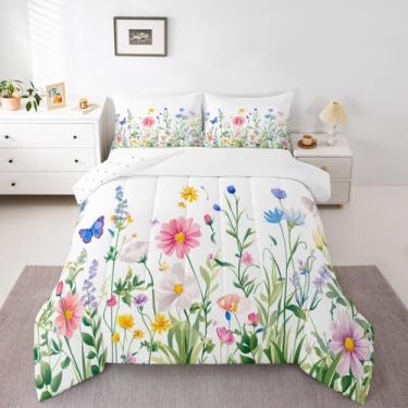 Imagem de jejeloiu Jogo de cama solteiro com estampa de borboleta, floral, primavera, para meninos e meninas, temática de jardim, edredom para decoração de quarto