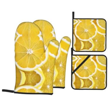 Imagem de Conjunto de luvas de cozinha com estampa de limão amarelo com suportes de tampa, luvas de forno resistentes ao calor para manusear panelas quentes, grelhar, churrascos, kit de 4 peças.