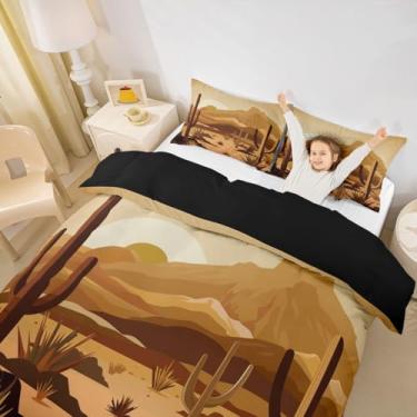 Imagem de Jogo de cama queen do deserto ocidental, caubói do sudoeste, cacto, pôr do sol, cenário natural, conjunto de capa de edredom para crianças, adultos, estilo africano, rústico, fazenda, edredom macio