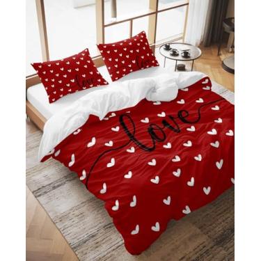 Imagem de Conjunto de capa de edredom de Dia dos Namorados Califórnia King Size Love Heart Conjunto de 3 peças, conjunto de cama romântico vermelho preto com fecho de zíper e 2 fronhas, capas de cama macias