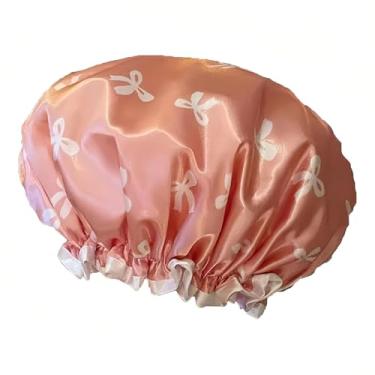 Imagem de Toucas de banho impermeáveis reutilizáveis para mulheres - Design de camada dupla padrão e cor sólida para chuveiro, spa, cozinha e viagem proteção de cabelo (rosa)