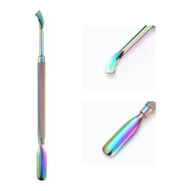 Imagem de KAZIPOP Empurrador de cutícula de unha de cabeça dupla de aço inoxidável limpador de cutículas em gel descascador de esmalte raspador 2 em 1 aparador de cutículas de metal camaleão empurrador de