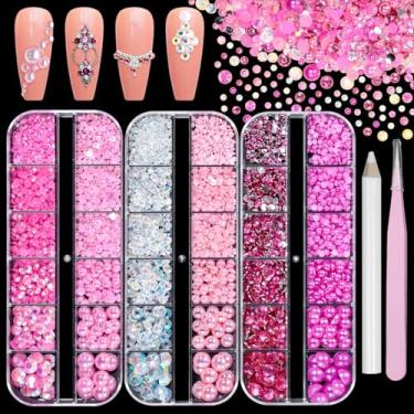 Imagem de 3 caixas de strass e pérolas para artesanato, rosa roxo tamanhos mistos 2-8 mm resina de gelatina plana strass e pérolas pedras preciosas para deslumbrar para maquiagem facial e olhos ou roupas DIY