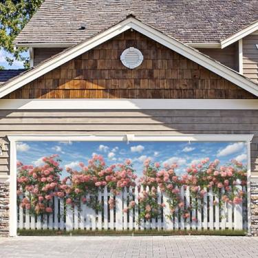 Imagem de 2,1 x 4,9 m Feliz Natal Faixa de porta de garagem, boneco de neve de inverno, Papai Noel, decorações de Natal, capa de porta de garagem de Natal, decoração de Natal para festa (cerca rosa)