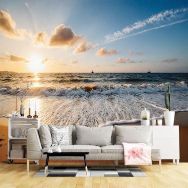 Imagem de Murais de parede de tamanho personalizado, tecido de parede autoadesivo de praia ao nascer do sol (sem PVC) Papel de parede grande removível para sala de estar, quarto, escritório