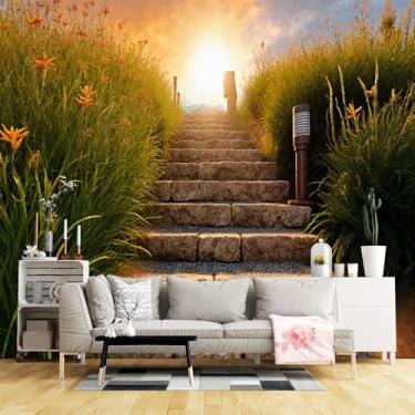 Imagem de Murais de parede de tamanho personalizado, escada de pedra paisagem iluminada pelo sol tecido de parede autoadesivo (sem PVC) papel de parede grande removível para sala de estar, quarto, escritório