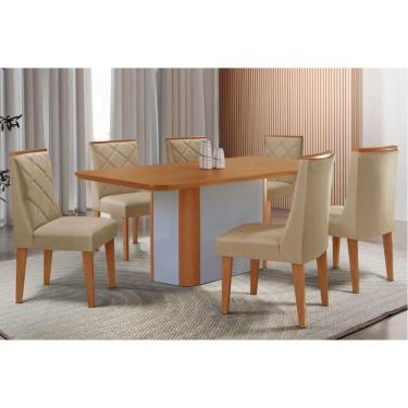 Imagem de Sala Jantar Mesa Pietá Tampo Curvo 180cm+6 Cadeiras Pietá Madeira Naturale/Off White - Capuccino/Linho Bege - Rufato