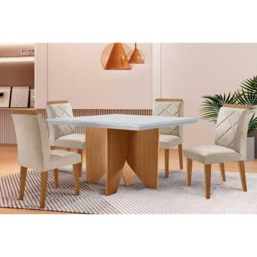 Imagem de Sala Jantar Mesa Nevada Tampo c/ Vidro Curvo 90cm+4 Cadeiras Pietá Madeira Naturale/Off White - Suede Creme - Rufato