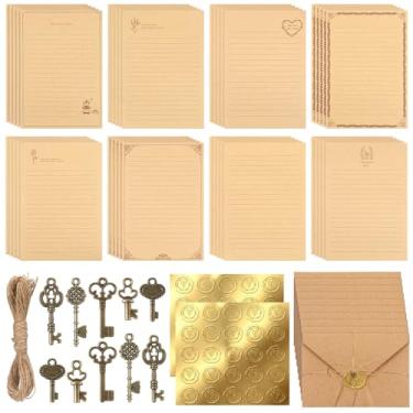 Imagem de Zhanmai Conjunto de papelaria vintage, 203 peças, conjunto de papelaria de papel envelhecido, 100 papéis de escrita antigos, 50 envelopes, 50 pingentes de chave, 2 adesivos de selagem, corda para