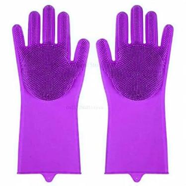 Imagem de Luvas de Silicone para Lavar Louça com Cerdas Multiuso, Ideal para Limpeza de Cozinha, Banheiro e Pets, Resistente ao Calor, com Cerdas de Silicone (Lilás)