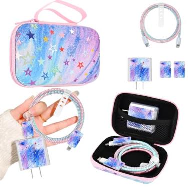 Imagem de Conjunto de armazenamento de capa carregador de telefone com lindas estrelas protetor de cabo com bolsa de transporte, organizador de cabos, protetor de carregador USB para fone de ouvido para iPhone