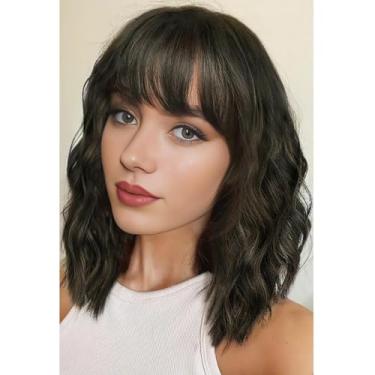 Imagem de Perucas de realce marrom para mulheres, ondulado, curto, cacheado, bob, com franja, comprimento dos ombros, 28 cm, cabelo sintético para uso diário em festas, marrom escuro