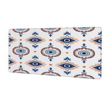 Imagem de Tapete de rato azul étnico grande olho de diabo impermeável tapete protetor de mesa estendido para computador tapete de base de borracha antiderrapante para escritório, computador, teclado, laptop e