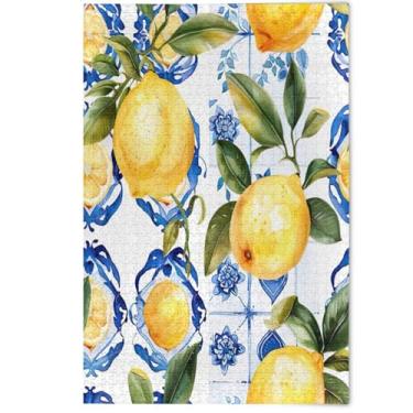 Imagem de Quebra-cabeça adulto 1000 peças paisagem arte desenho animado limão floral azul quebra-cabeça rígido para adultos família elefantes brancos presentes, 1000 peças, 75 x 50 cm