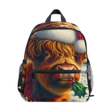 Imagem de GAIGEO Highland Cow Santa Christmas Backpack for Kids with Whistle, 2 Bottle Pockets, Lightweight, Kids Travel Backpacks 10x4x12 In, for Ages 3-8