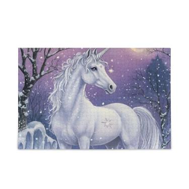 Imagem de Quebra-cabeças de 500 peças de unicórnio branco com cavalo roxo, papel e madeira compostos para adolescentes com bolsa de armazenamento