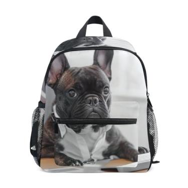 Imagem de GAIGEO Funny French Bulldog Working Toddler School Backpack 10x4x12 In, Backpack for Kindergarten Girls with Water Bottle Pockets, Whistle Buckle
