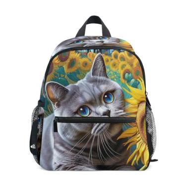 Imagem de GAIGEO British Shorthair Cat Sunflowers Backpack for Kids Baby Girl Backpack with Front Pocket, Safety Whistle for Ages 3-8
