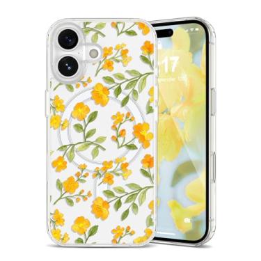Imagem de EYZUTAK Capa magnética para iPhone 16 Plus com flores compatível com MagSafe, bonita floral elegante estética capa protetora fina transparente antiamarelamento para meninas e mulheres - amarelo