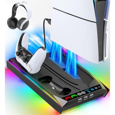 Imagem de Rysker PS5/Slim/Pro Stand, PS5 Cooling Station Built-in 3-Level Cooling Fan & Fast Charger for Disc & Digital, PS 5 Accessories with Safety Screw and Headset Holder